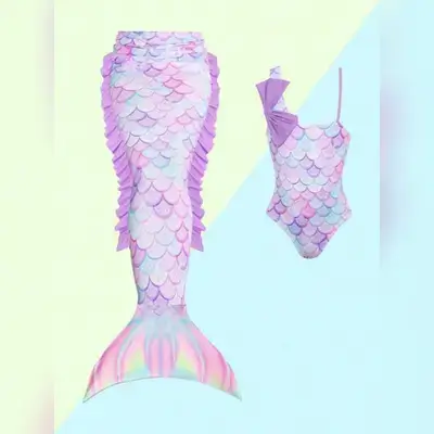 Young Girls' One Piece Swimsuit With Skirt, Mermaid Tail Design 2pcs/set - 7 Years