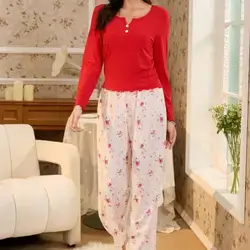 RS Pajama Ribbed Fabric Long-Sleeved Button Top & Romantic Floral Print Pants - Small