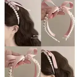 Pink Color Women Bow & Faux Pearl Decor