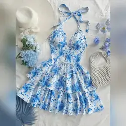 Soleia Retro Blue & White Watercolor Rose Dress - XS