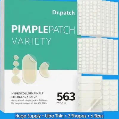 Pimple Patches, Hydrocolloid Acne Patches for Face & Body, Invisible Thin, Large & Small Sizes for Whiteheads, Zits & Breakouts (Dots, Strip, Contoured 6 Sizes), 563 patches