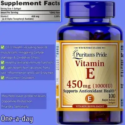 Vitamin E 1000 IU, 450mg (1000 IU), Antioxidant Health, skin, Heart, Cells, Non-alcoholic Fatty liver, inflammation, liver enzymes, oxidative strength, one per day, 100 Softgels vitamin e
