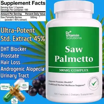 Saw Palmetto, 500mg, Highest Potency 45% Extract, DHT Blocker, Hair Growth, Hair Thinning, Scalp Inflammation, Prostate Health, Urinary Tract, Frequent Urination, 100 Day Supply, 3rd Party Tested, 100 caps Saw Palmetto