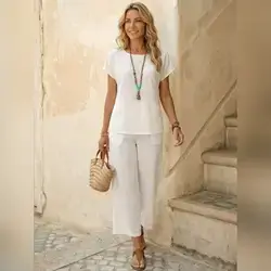 Faunlyn Women's Casual Solid Color Top Pants 2-Piece Set - Medium