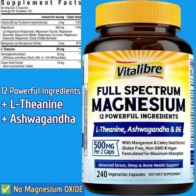 Magnesium Complex, 500mg, Women & Men, Ashwagandha, L Theanine, Vitamin B6, Celery Seed Extract, High Absorption, Magnesium Glycinate, Citrate, Malate, Taurate, No Oxide, 240 Caps Magnesium Complex