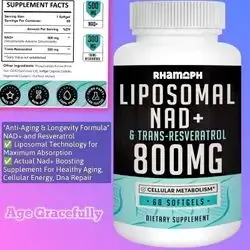 Liposomal NAD+ 800 mg with Trans-Resveratrol 300 mg, Actual NAD+ Boosting Supplement for Healthy Aging, Cellular Energy, DNA Repair, Longevity, Resveratrol, Nad, 60 Softgels nad