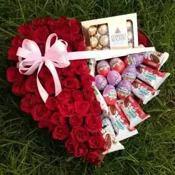 Heart Box Of Red Roses & Sweets