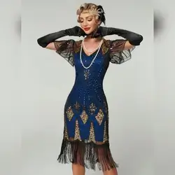 1pc Women's 1920s Vintage Mesh Ruffle Short Sleeve Sequin Dress - XL 