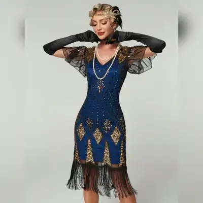 1pc Women's 1920s Vintage Mesh Ruffle Short Sleeve Sequin Dress - XL