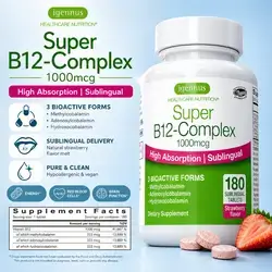 Sublingual Vitamin B12 Complex, 1000mcg, Vitamin B12, B12, Methylated Methylcobalamin, Adenosylcobalamin & Hydroxocobalamin, Methyl B12, Clean Label, Sugar-Free & Vegan, 180 Tablets b12