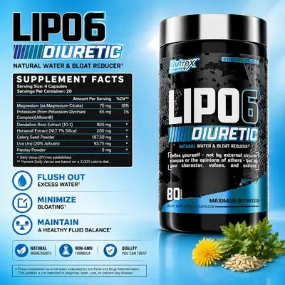 Nutrex, Lipo 6, Lipo6, Diuretic, Water Balance, Bloat Relief Formula, Fluid Balance, Waist Slim Appearance, Muscle Definition Aid, Uric Acid Support, 80 Count Diuretic 