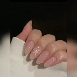 24pcs Long Almond Shaped Pink Romantic Gradient Bowknot Nail Stickers Set