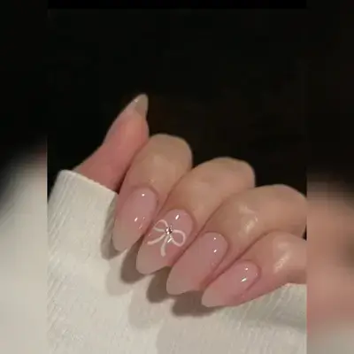 24pcs Long Almond Shaped Pink Romantic Gradient Bowknot Nail Stickers Set