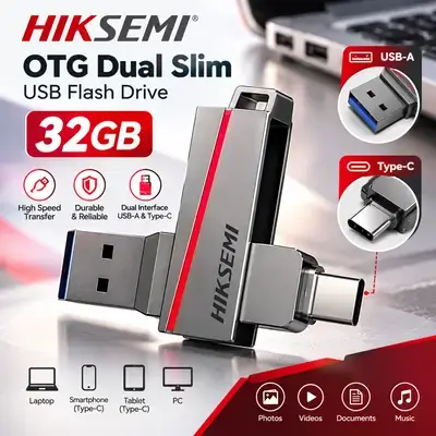 Hiksemi OTG Dual Slim USB Flash Drive with Type-C, 32GB Capacity, Grey