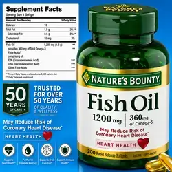 Nature's Bounty, Fish Oil, Omega 3, Supports Heart Health, Joints, Inflammation, Skin, Eyes, 1200 Mg Fish Oil, Omega-3, 360mg Omega3 fatty acids, with EPA and DHA, 200 Softgels omega 3