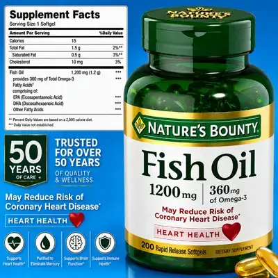 Nature's Bounty, Fish Oil, Omega 3, Supports Heart Health, Joints, Inflammation, Skin, Eyes, 1200 Mg Fish Oil, Omega-3, 360mg Omega3 fatty acids, with EPA and DHA, 200 Softgels omega 3 