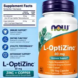 NOW Supplements, L-OptiZinc® 30 mg, ZINC , ZINC with COPPER Bisglycinate, Superior Absorption & Higher Retention, opti zinc, Ultra Quality, 100 caps Zinc