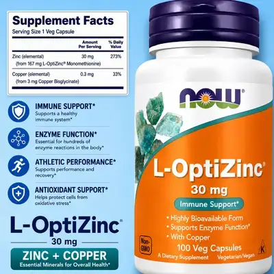 NOW Supplements, L-OptiZinc® 30 mg, ZINC , ZINC with COPPER Bisglycinate, Superior Absorption & Higher Retention, opti zinc, Ultra Quality, 100 caps Zinc 