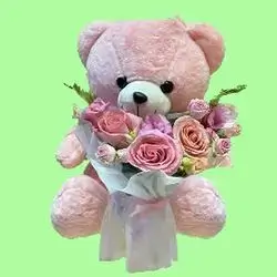 Pink Teddy Bear With Rose Bouquet