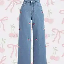 SHEIN MOD Women's Cherry Embroidery Straight Leg Jeans, Everyday Casual Pants With Pockets Size: 30