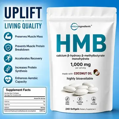 HMB 1000mg, with Coconut Oil, Highly Bioavailable, HMB Supplements, for Men & Women, Supports Lean Muscle Mass, Muscle Recovery, Growth, strength, stamina, endurance, gym and workout supplement, Stronger than Creatine, 240 Softgels