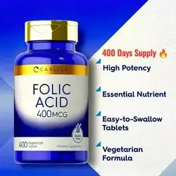 Carlyle Folic Acid 400 mcg supplement, one of B Complex Vitamins, B9, DNA Repair and Cell Division, Red Blood Cell Production, Heart and Brain Health, 400 Tablets folic acid