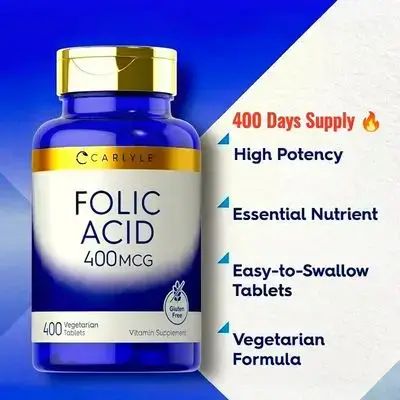 Carlyle Folic Acid 400 mcg supplement, one of B Complex Vitamins, B9, DNA Repair and Cell Division, Red Blood Cell Production, Heart and Brain Health, 400 Tablets folic acid