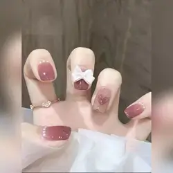 24pcs Short Square 3D Bow Decor Fake Nail & 1sheet Tape