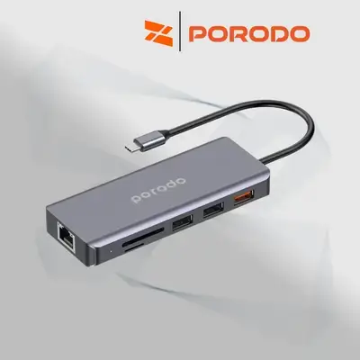 Porodo 9in1 USB-C Hub Type-C PD 100W HDMI Ethernet USB SD Card 3.5mm Aux - Gray