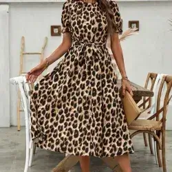 SHEIN LUNE Leopard Print Cinched Waist Casual Dress Small Size