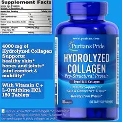 Hydrolyzed Collagen, Pro-Structural Protein for Men and Women, for Skin, Bones and Joints, Hydrolyzed Collagen, Vitamin C & L-Ornithine, 180 Caplets collagen 