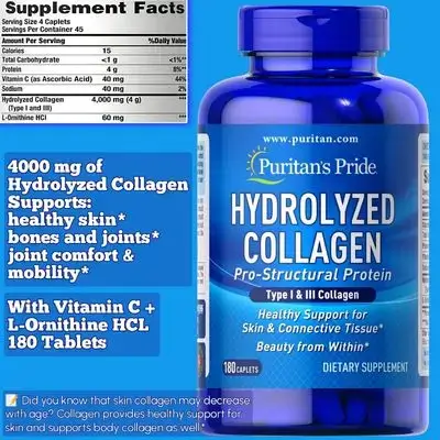 Hydrolyzed Collagen, Pro-Structural Protein for Men and Women, for Skin, Bones and Joints, Hydrolyzed Collagen, Vitamin C & L-Ornithine, 180 Caplets collagen