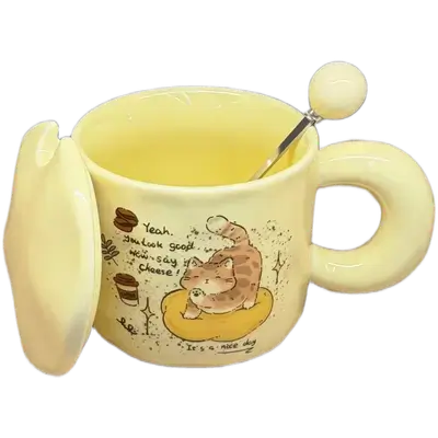 Cute Ceramic Cup with Lid and Spoon