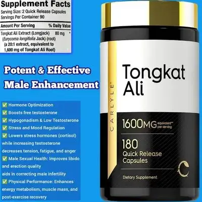 Tongkat Ali, Longjack, Tongkat Ali Extract 20:1, Boosts testosterone, free testosterone, Libido and erection, fertility, sperm quality, exercise performance, muscle growth, 180 Capsules Tongkat Ali