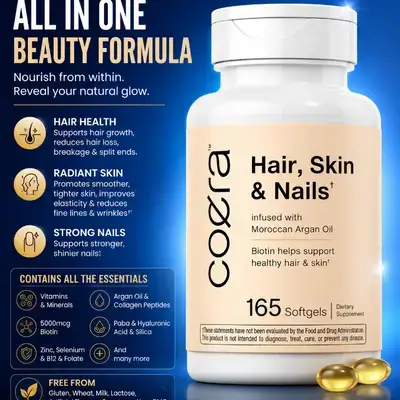 Coera Hair, Skin and Nails Vitamins with Collagen, Biotin & Moroccan Argan Oil, Zinc, Folate, Selenium, hair skin nails, Men and Women, hair growth and Thickness, 165 Softgels
