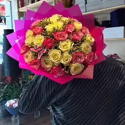 Multicolor Rose Bouquet in Magenta Wrap