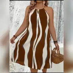 SHEIN Plus Size Women's Striped Print Halterneck Casual Sundress  - XL