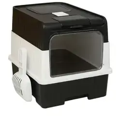 Litter Box Product Overview Type: Enclosed/covered Cat Litter Box Dimensions: Length: 42 Cm Width: 24 Cm Height: 38 Cm Colors: Black And White With A Transparent Rotating Door. Add 1 Product. Colors: Black And White With A Transparent Rotating Door. Material: Durable Plastic (Easy To Clean, Lightweight). Design Features: Enclosed Structure: Provides Privacy For Cats. Helps Keep Litter Contained And Reduces Spillage. Transparent Front Door: Makes It Easy For The Cat To Enter And Exit. Rotating Lid: Helps Contain Odors. Top Lid With Access Panel: For Easy Cleaning And Refilling Of Litter. Prevents The Box From Being Completely Disassembled When Minor Cleanings Are Needed. Scoop Holder With Scoop: Side-mounted Scoop For Daily Litter Removal. Tools Stored Neatly. Benefits: Odor Control: Enclosed Design Helps Contain Odors Better Than Open Boxes. Hygiene: Prevents Litter From Spilling. Privacy: Cats Feel More Secure When Using A Covered Box. Space-saving: Its Compact Size Is Ideal For Apartments Or Small Rooms. Suitable For Homes With One Cat (The Size Is A Bit Small For Multiple Cats). For Indoor Use Where Odor Control And Cleanliness Are Priorities. Care And Maintenance: Remove Litter Daily Using The Scoop. Wash With Mild Soap And Water Weekly. Change Litter As Needed (Usually Every 5-7 Days Depending On Usage).