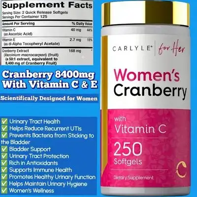 Cranberry, Cranberry for Women, 8400mg Concentrated Extract, with Vitamin C and E, Gluten Free, UTI Prevention, Bad bacteria, urinary tract, bladder, hygiene, Immunity, 250 Softgels cranberry
