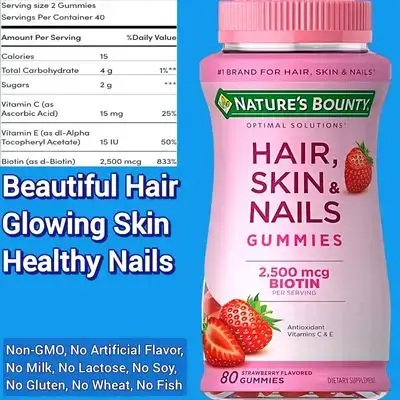 Nature's Bounty Optimal Solutions, Hair, Skin, Nails, Biotin, Vitamin C, Vitamin E, 80 Strawberry Gummies, hair skin nails 