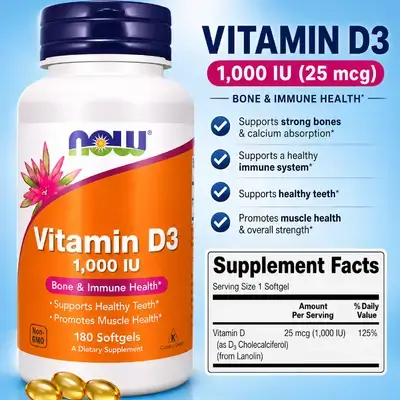 NOW Supplements, Vitamin D3, 1000 IU, High Potency, Structural support, vitamin D, 180 Softgels VITAMIN D3 