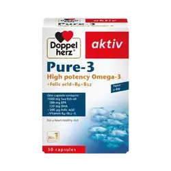 Pure-3 High Potency Omega 3+ Folic Acid+ B6+ B12 30 Capsules _ Doppel herz