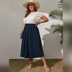 EMERY ROSE Plus Size Navy Blue Graceful Skirt - 2XL