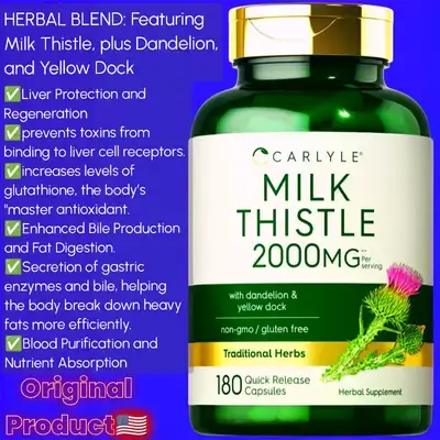 Milk Thistle, Dandelion & Yellow Dock, Dandelion root, Liver Support, liver Cleanse, fat digestion, Detox, Clear Skin, Fatty liver, digestive aid, bile, 180 Caps Milk Thistle