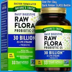 Raw Flora Probiotics, with Prebiotics, 30 Billion CFU, One-Per-Day, Daily Digestive Support, Women and Men, Dark Glass Bottle, probiotics, 33 Capsules Probiotics