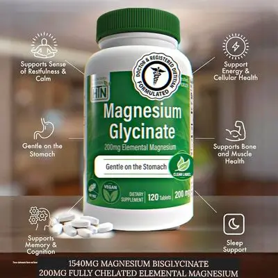 Magnesium Glycinate - Muscle, Nerves, Relaxation & Sleep Supplement | 1540mg Magnesium Bisglycinate (200mg Elemental Magnesium) Fully Reacted Chelated - 120 Tablets magnesium