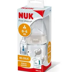 NUK First Choice+ Baby Bottle, 0-6 Months, Temperature Control Indicator, 150 ml, Anti-Colic Valve, BPA-Free, Silicone Teat, Safari (Neutral)