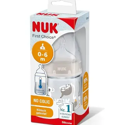 NUK First Choice+ Baby Bottle, 0-6 Months, Temperature Control Indicator, 150 ml, Anti-Colic Valve, BPA-Free, Silicone Teat, Safari (Neutral)