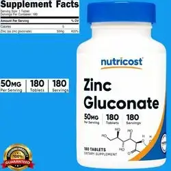Nutricost Zinc Gluconate 50mg, zinc Gluconate, One-Per-Day, 6 Months supply, 180 Tablets zinc 