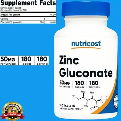 Nutricost Zinc Gluconate 50mg, zinc Gluconate, One-Per-Day, 6 Months supply, 180 Tablets zinc